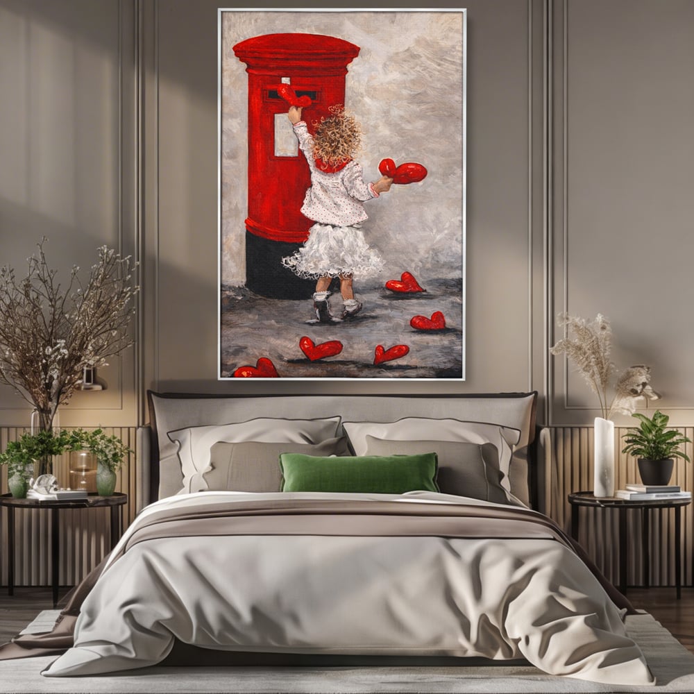 Tablou canvas cu pictura cu fetita si cutie postala, in rama de aluminiu argintiu, pe perete intr-un dormitor